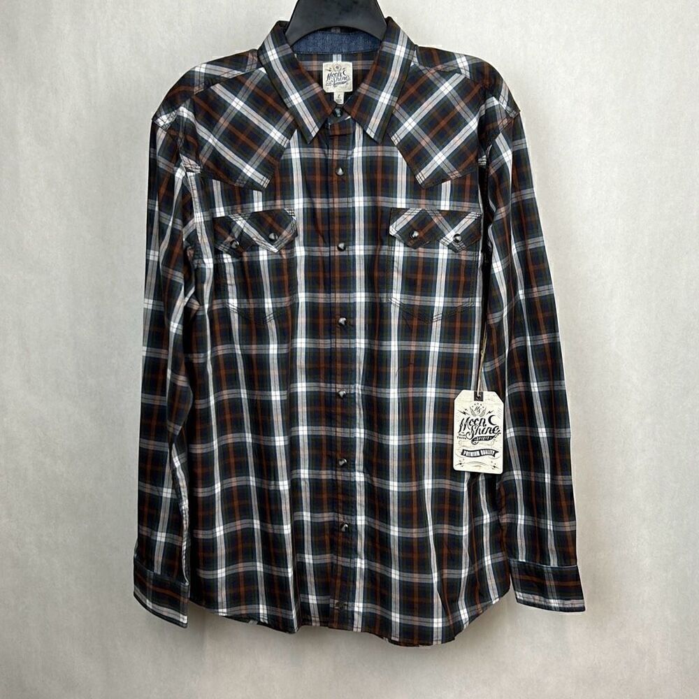 NEW Moonshine Spirit Button Front Shirt Men’s Sz L Long Sleeve Brown Plaid Snaps